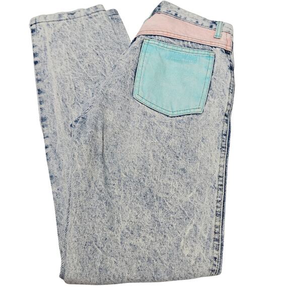 80s Acid Wash Cap Ferrat Denim Blue Jean Pink Blue High Waisted Mom Jeans Size 7 - Picture 2 of 13